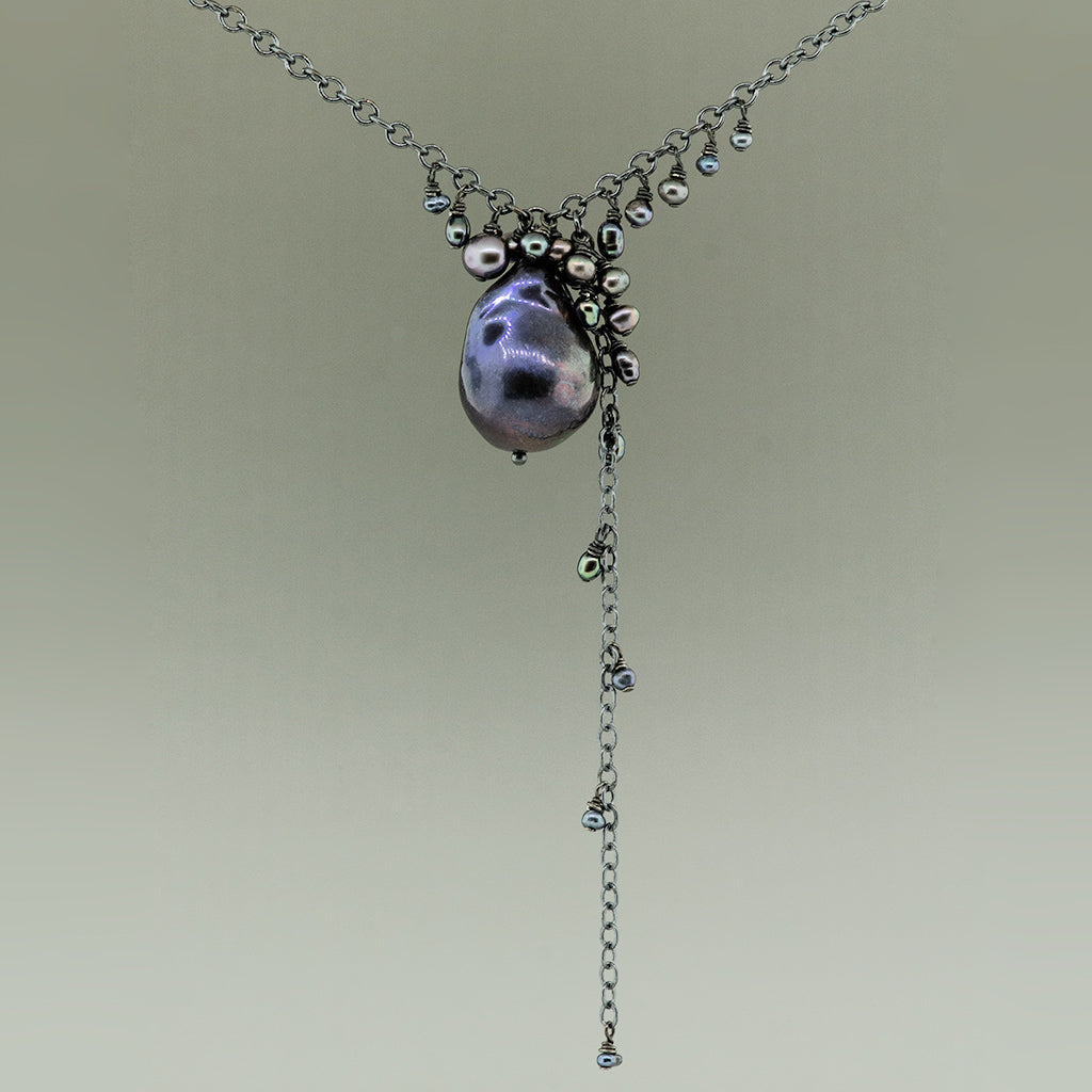 Dark Grey-blue Baroque Pearl, Cascade Necklace