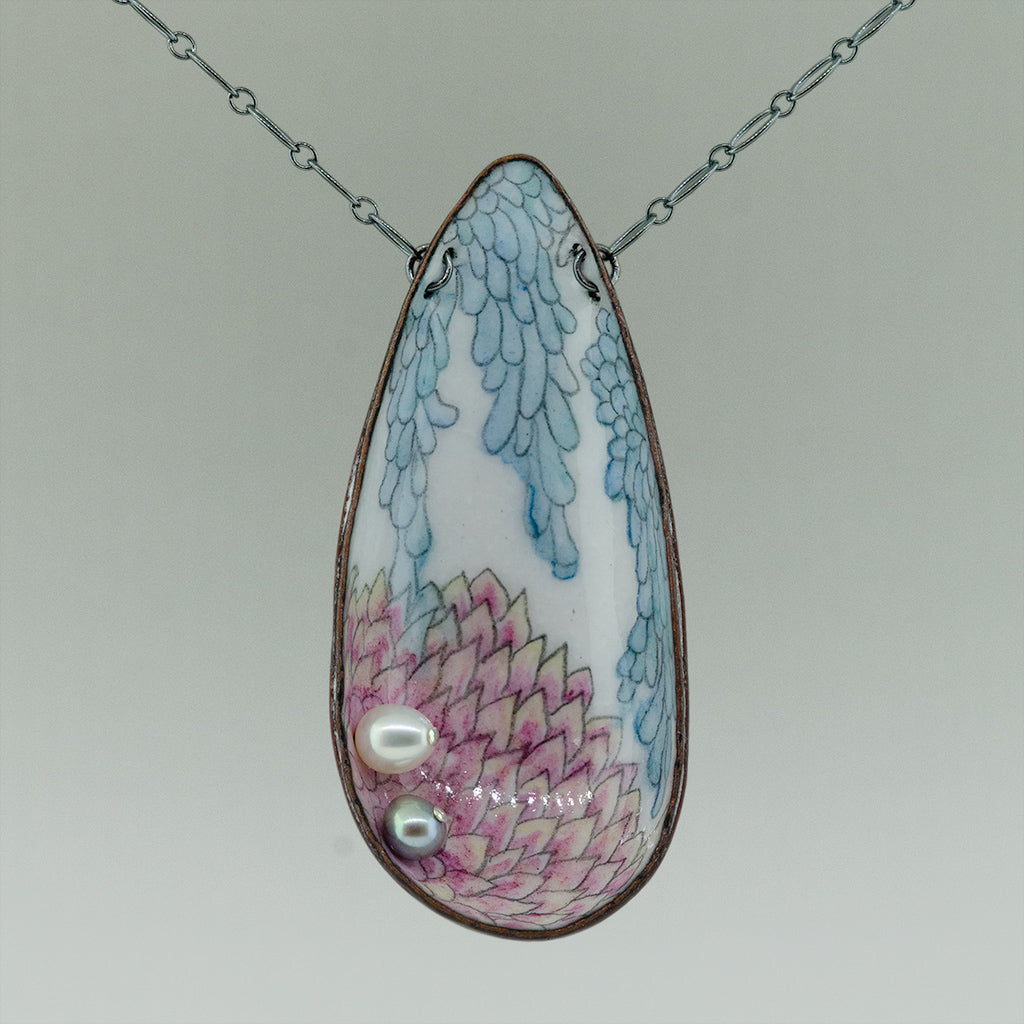 Red, Coral and Blue Enamel with White and Grey Pearls Necklace