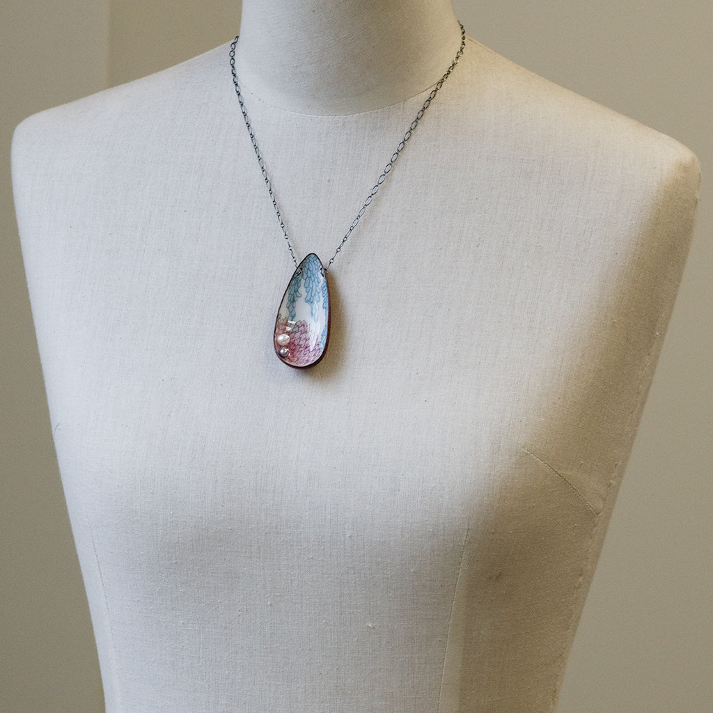 Red, Coral and Blue Enamel with White and Grey Pearls Necklace