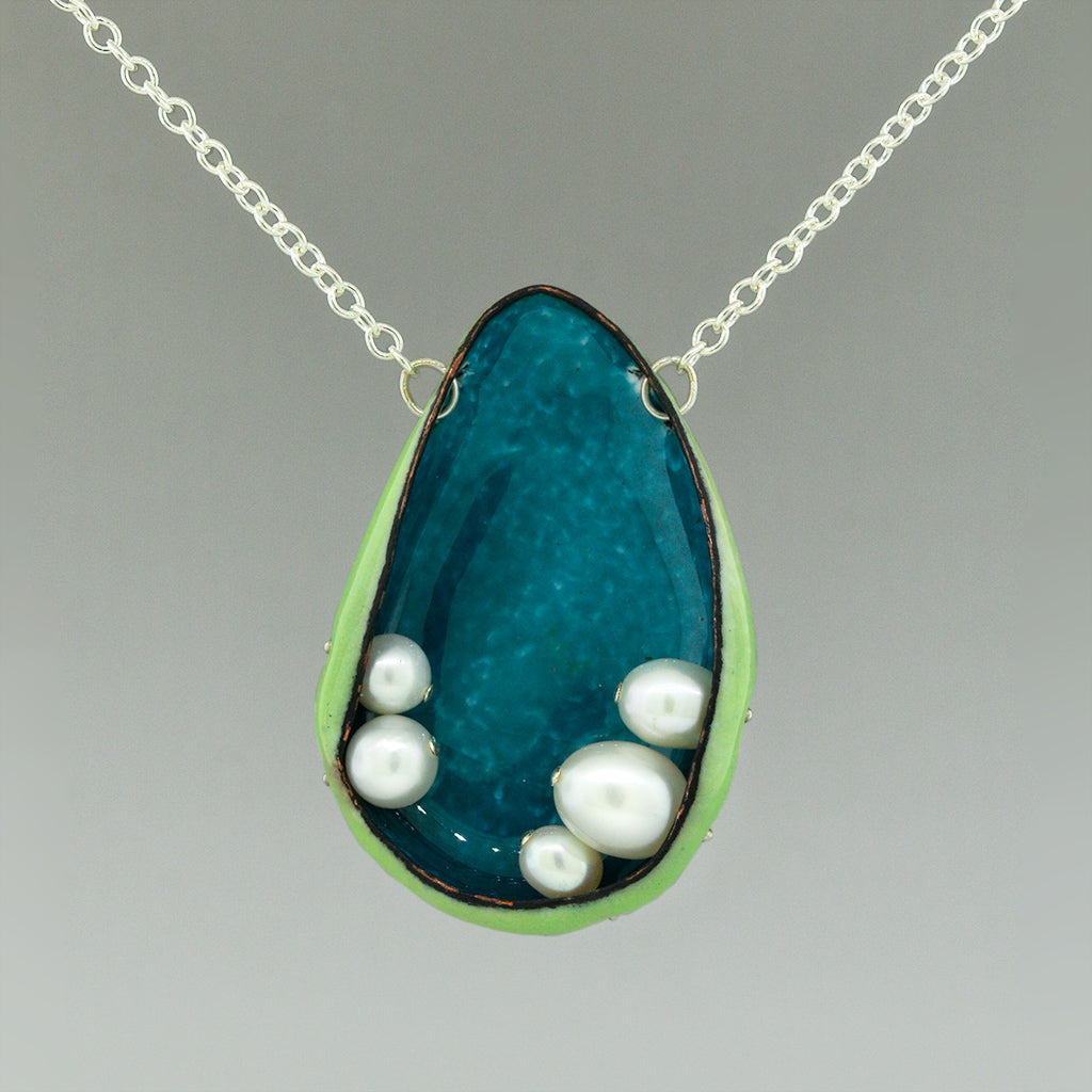 Turquoise Enamel and White Pearl Necklace