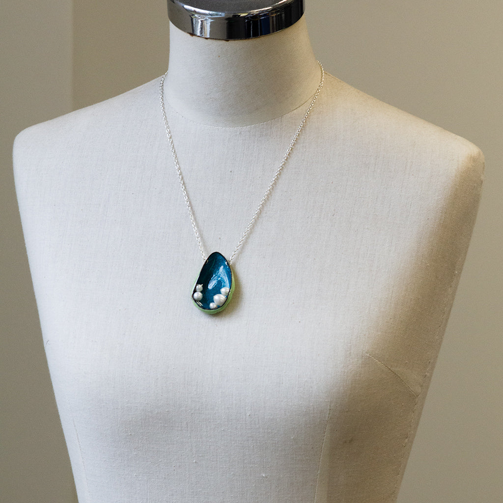 Turquoise Enamel and White Pearl Necklace