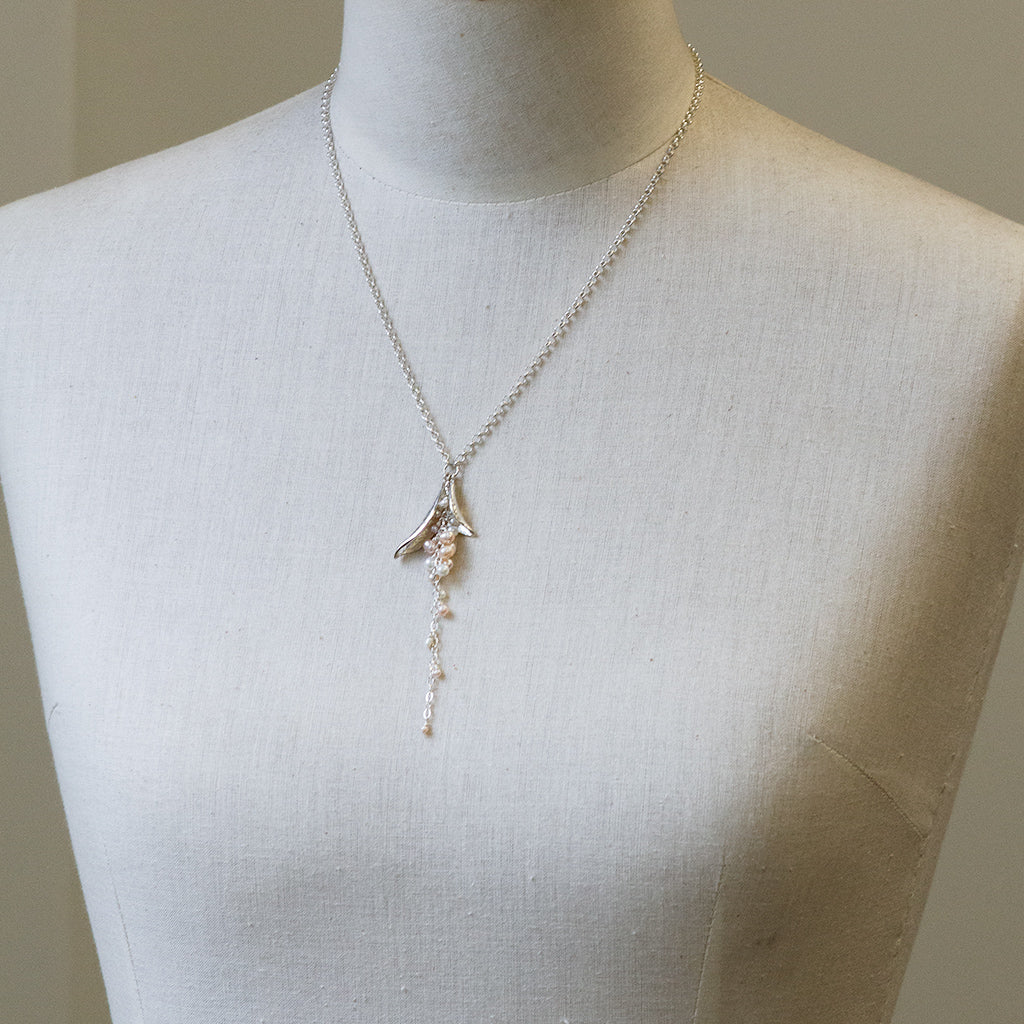 Double Leaf Pink and White Pearl Waterfall Necklace