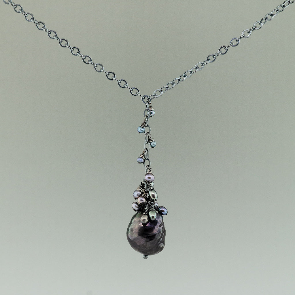 Dark Grey-blue Baroque Pearl, Drop Necklace