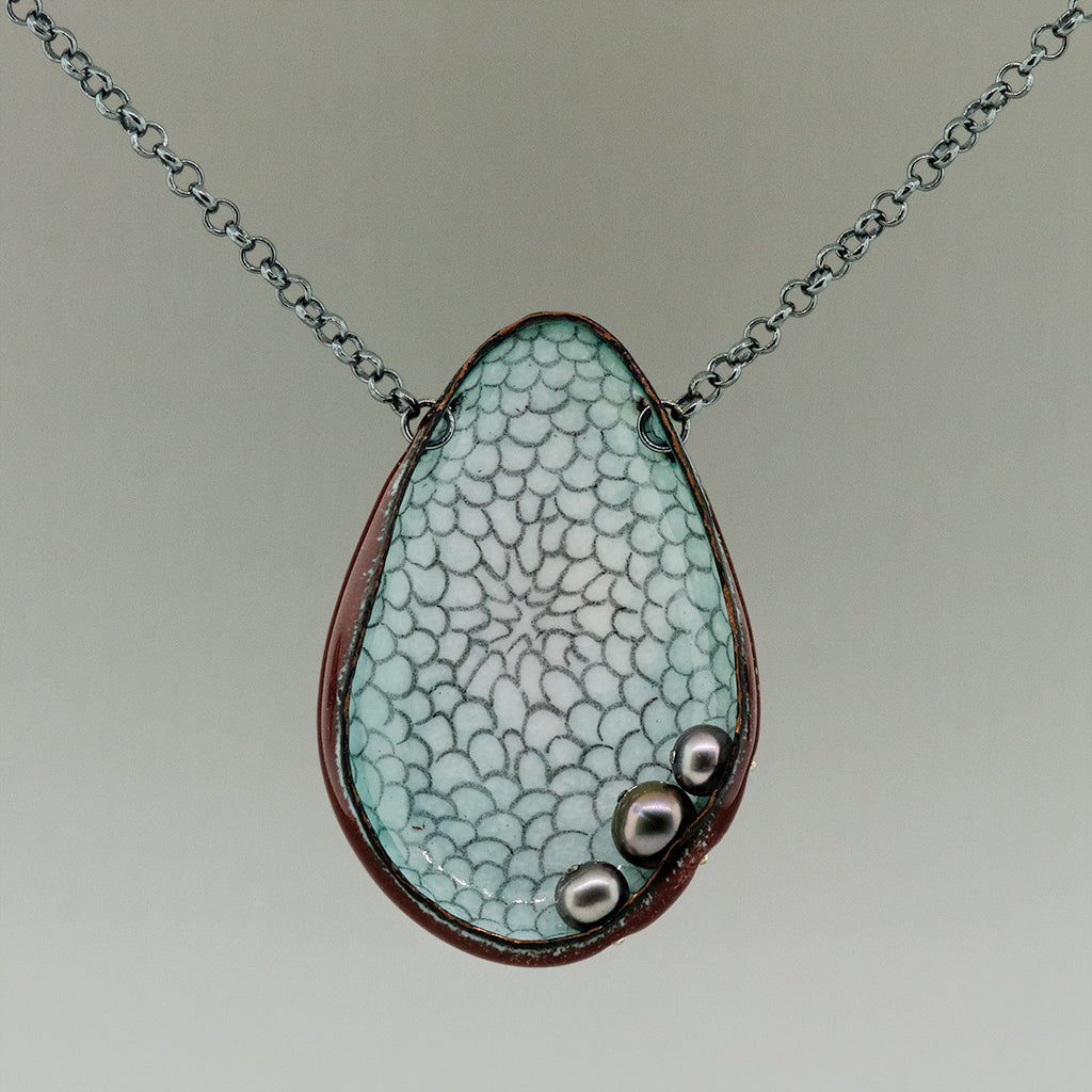 Red and Grey Enamel and Grey Pearl Necklace