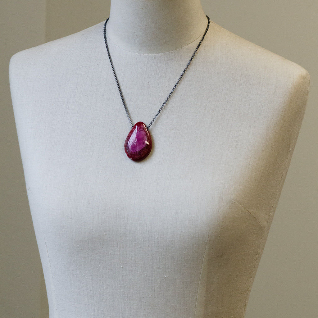 Red and Grey Enamel and Grey Pearl Necklace