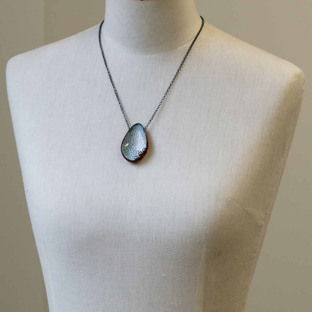 Red and Grey Enamel and Grey Pearl Necklace