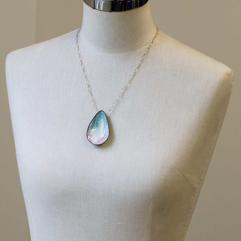 Turquoise and Rose Enamel on Silver Necklace
