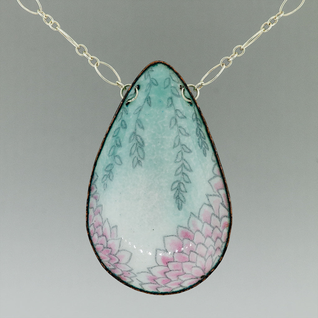 Turquoise and Rose Enamel on Silver Necklace