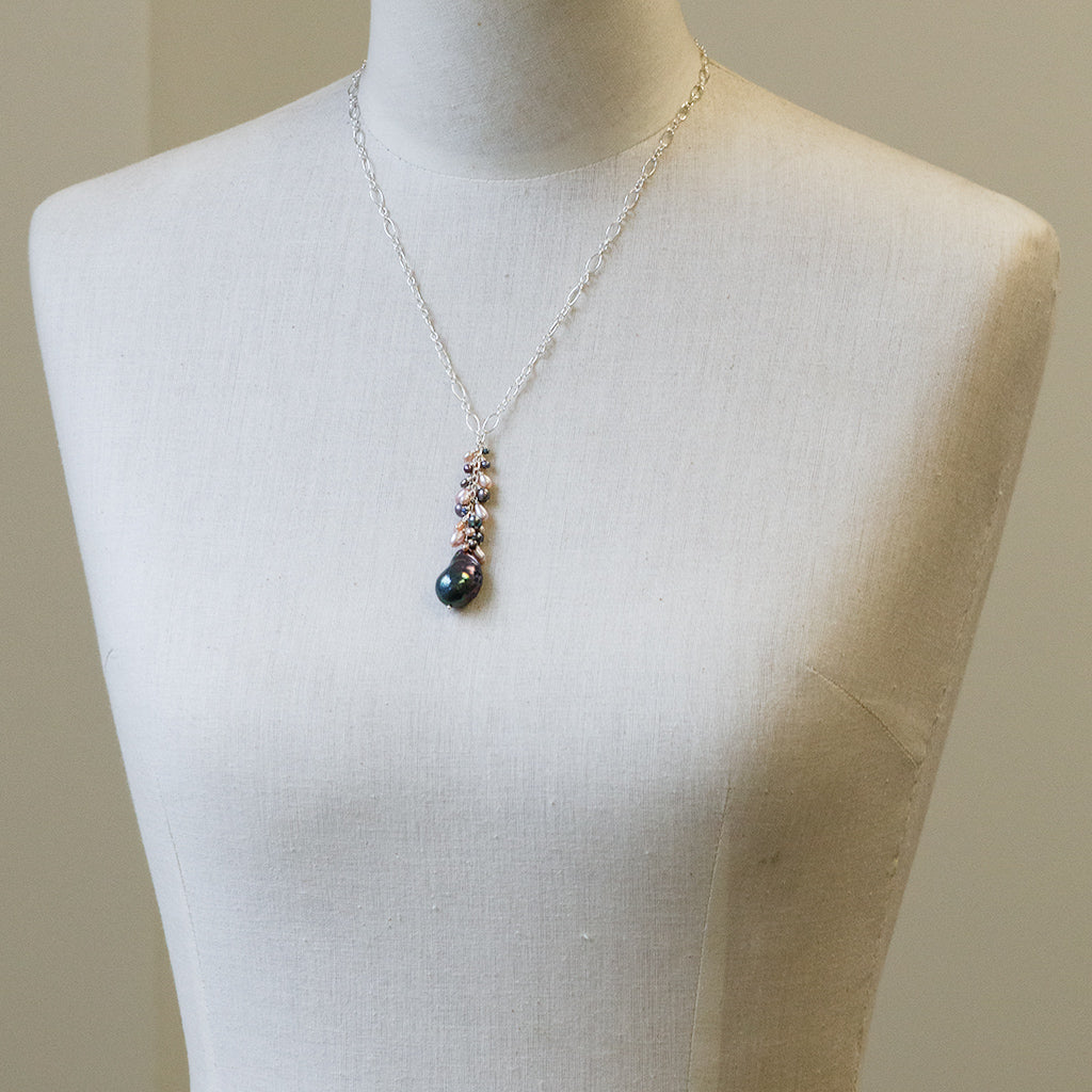 Grey-blue Baroque Pearl, Pink and Grey Drop Necklace