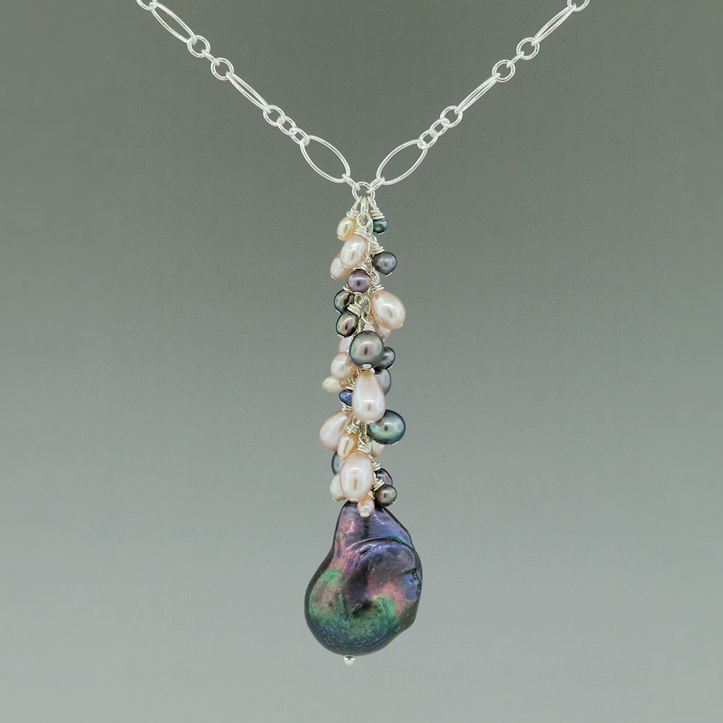 Grey-blue Baroque Pearl, Pink and Grey Drop Necklace
