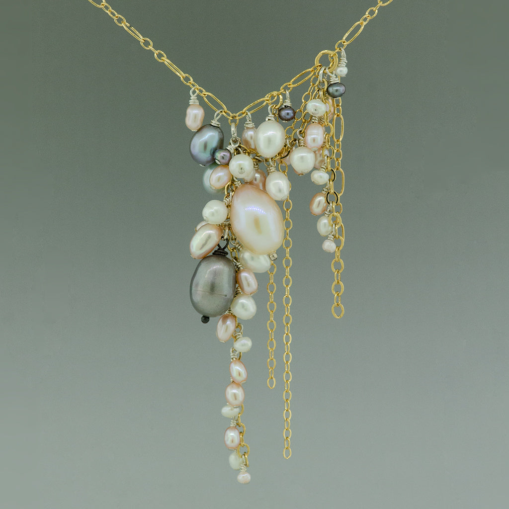 Gold and Multi-colored Pearl Waterfall Necklace