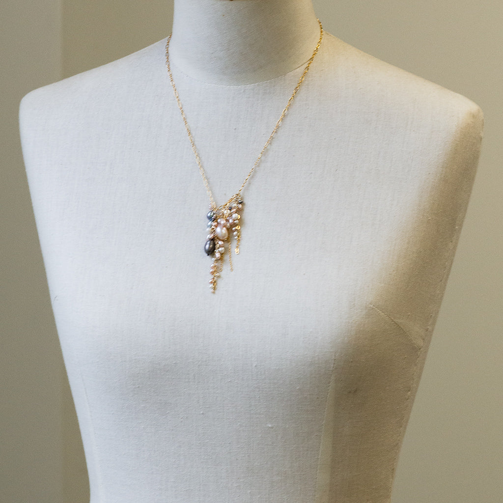 Gold and Multi-colored Pearl Waterfall Necklace