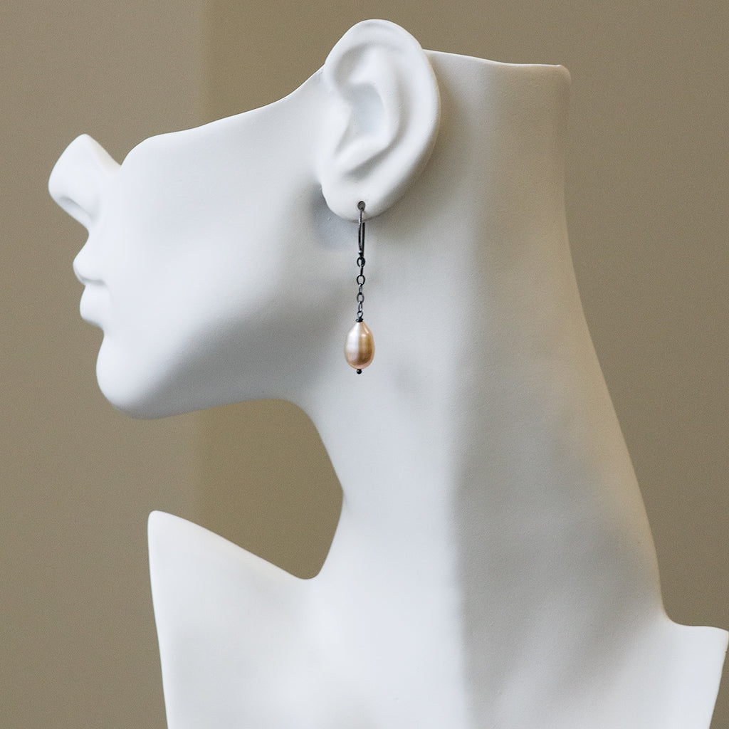 Pink Pearl Black Silver Drop Earrings