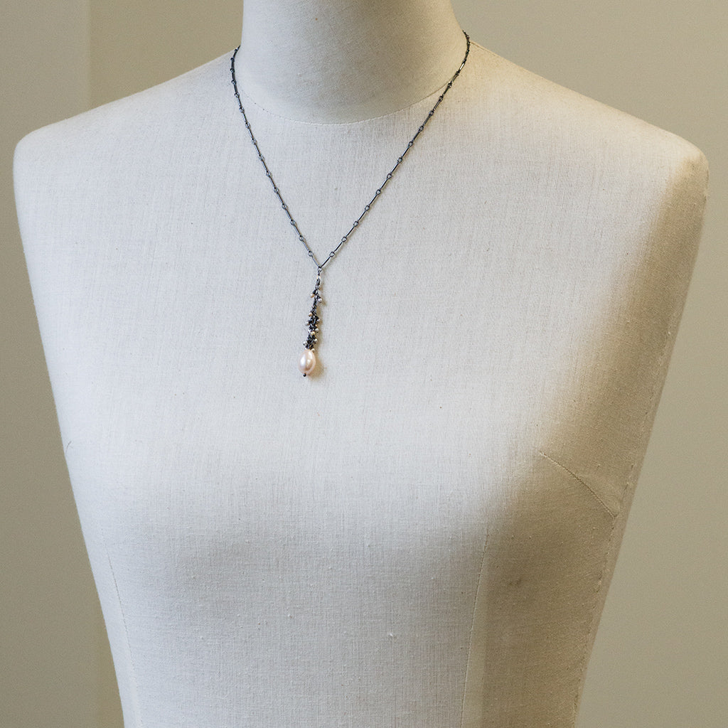 Pink Pearl on Black Drop Necklace