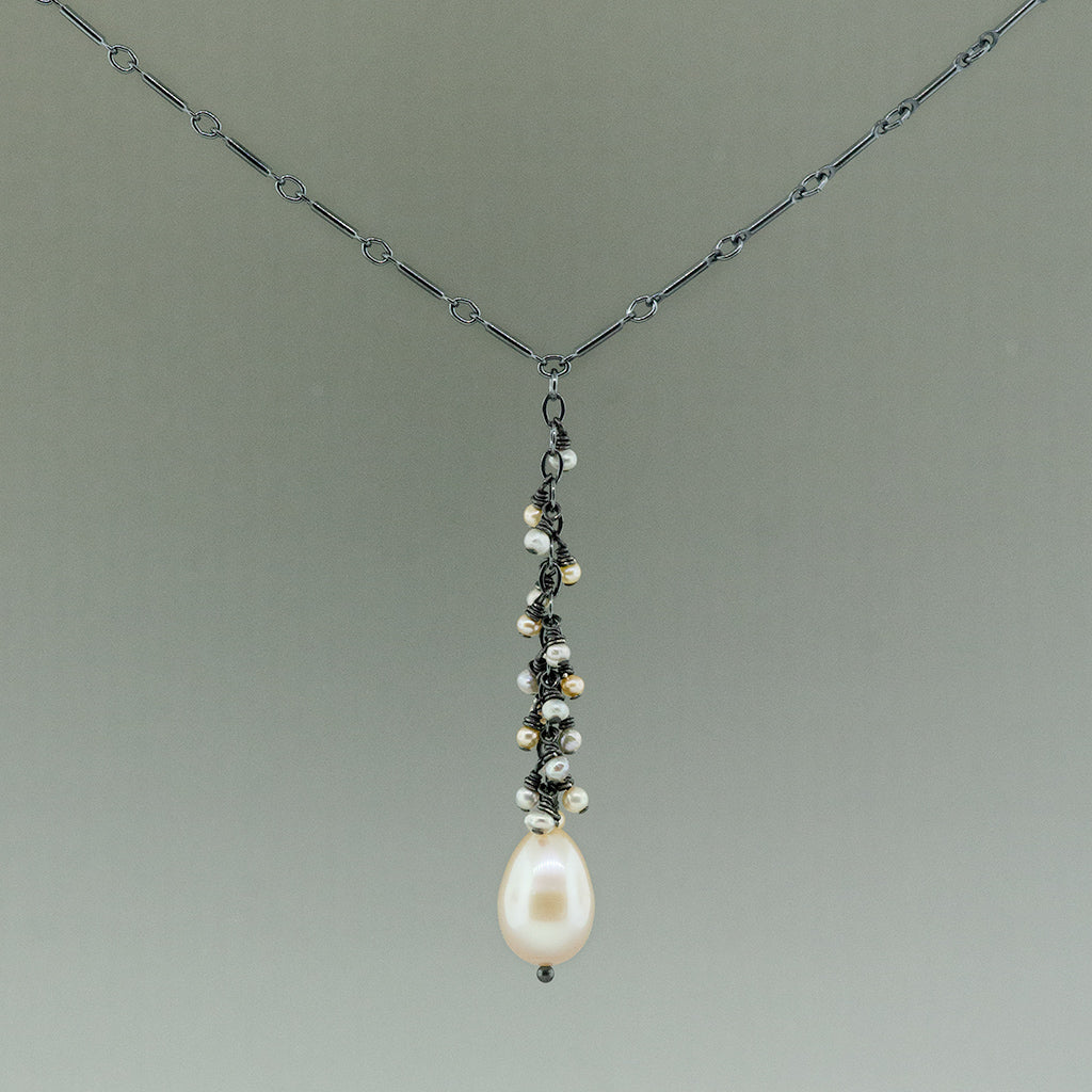 Pink Pearl on Black Drop Necklace
