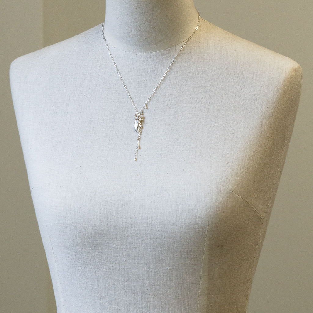 White Pearl and Silver Rock Cascade Necklace