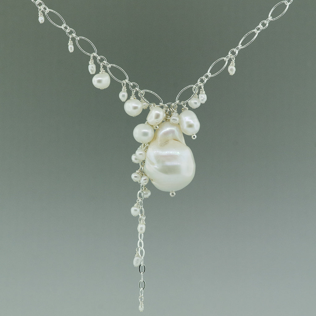 White Baroque Pearl, Cluster Cascade Necklace