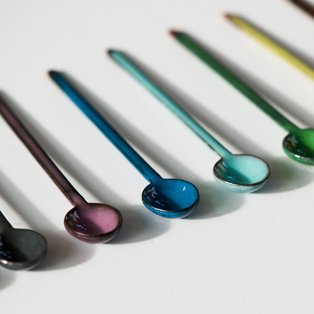 Rainbow spoons, enameled copper minis
