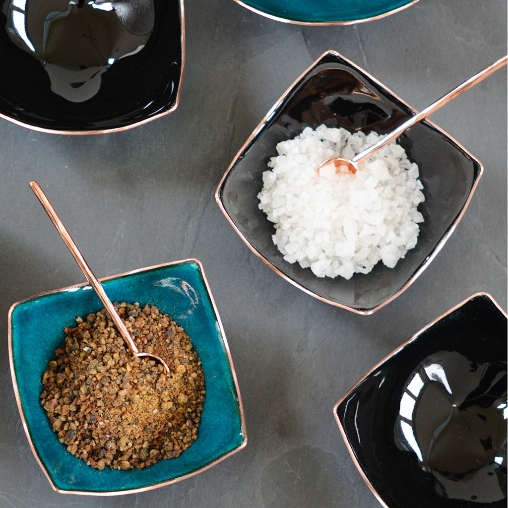 Turquoise and Black Bitty Bowls, enameled copper