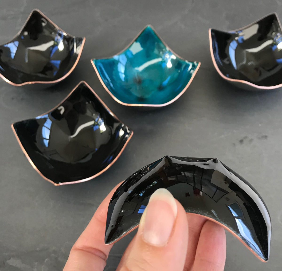 Turquoise and Black Bitty Bowls, enameled copper