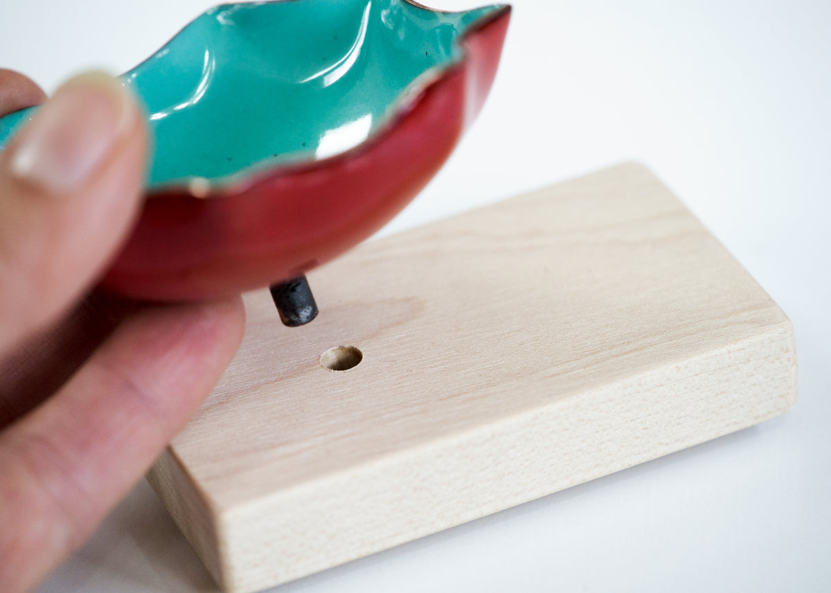 Hexagon Bitty Bowl with wood base, copper enameware