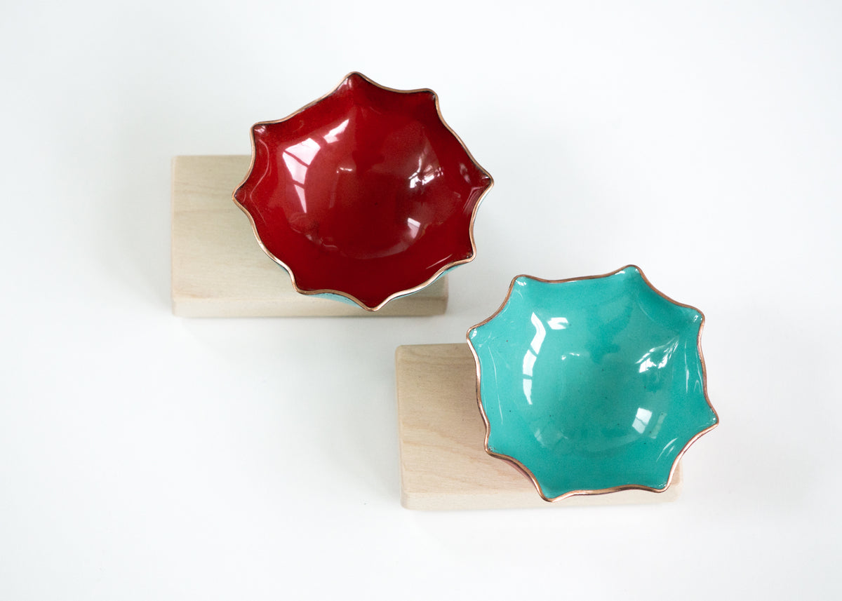Hexagon Bitty Bowl with wood base, copper enameware