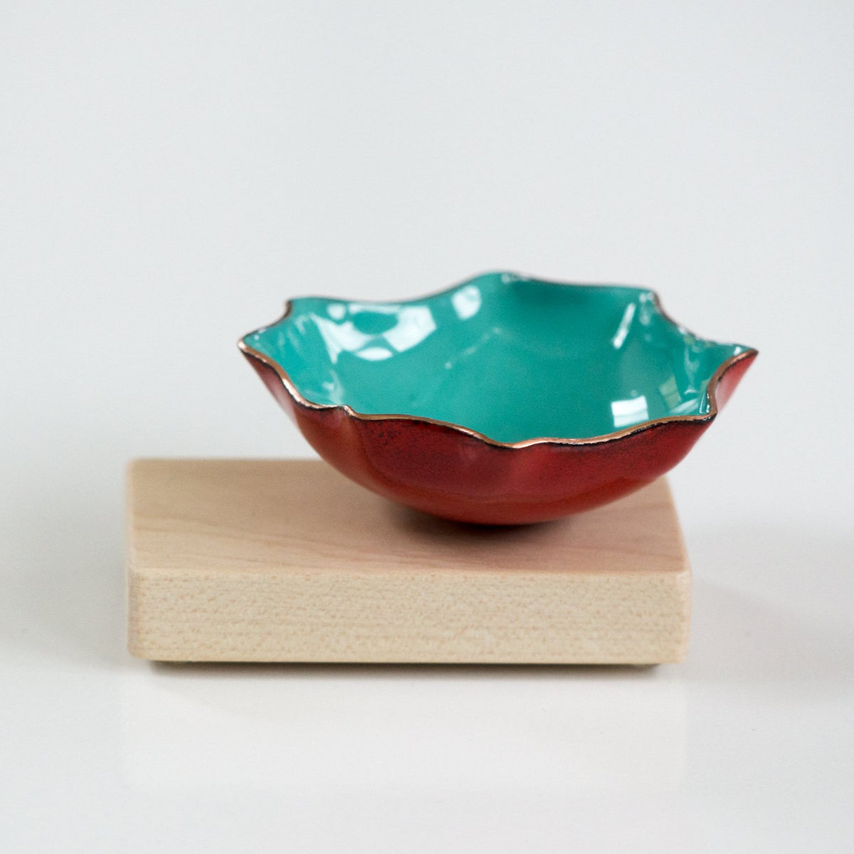 Hexagon Bitty Bowl with wood base, copper enameware