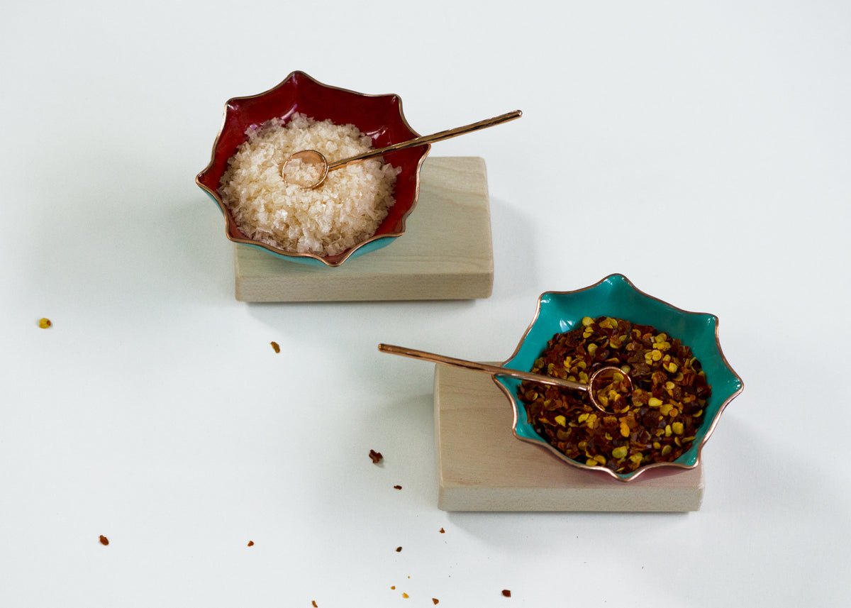 Hexagon Bitty Bowl with wood base, copper enameware