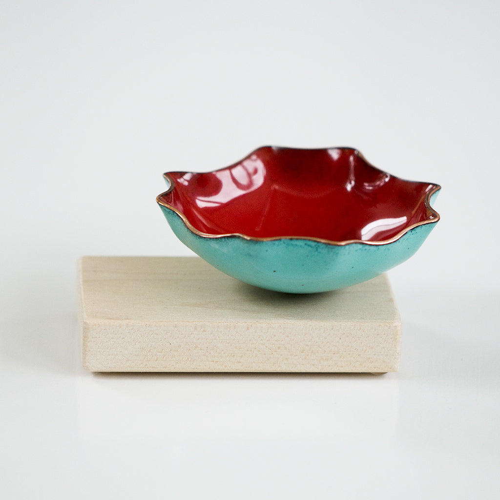 Hexagon Bitty Bowl with wood base, copper enameware