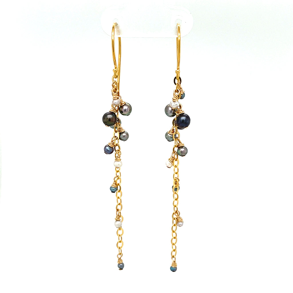 Gold and black long pearl dangle earrings