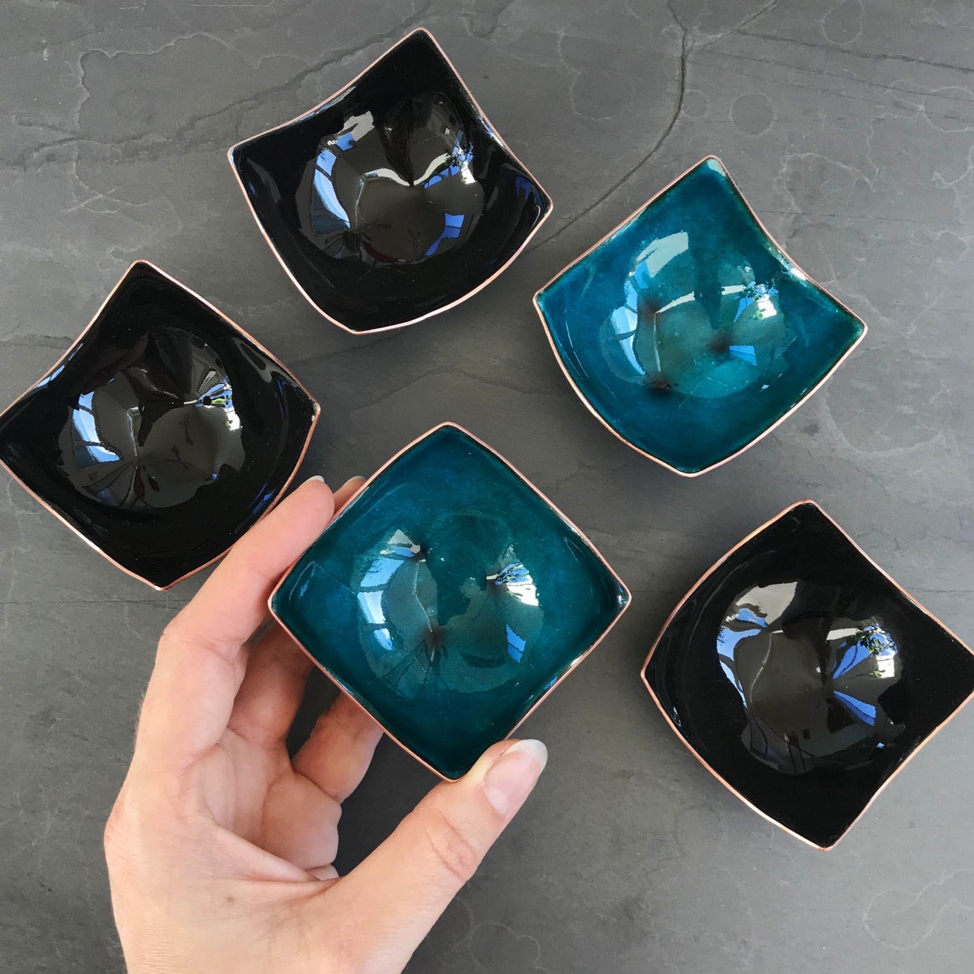 Turquoise and Black Bitty Bowls, enameled copper